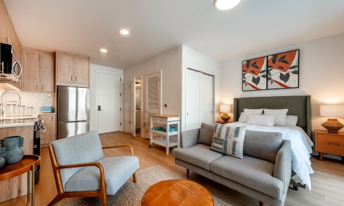 Model studio apartment at The Glade on Laurel Apartments in Washington DC, featuring wood grain floor paneling.