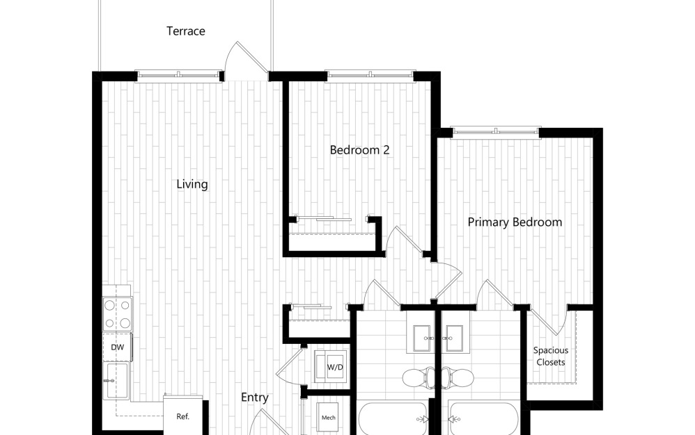 B4 - 2 bedroom floorplan layout with 2 bathrooms