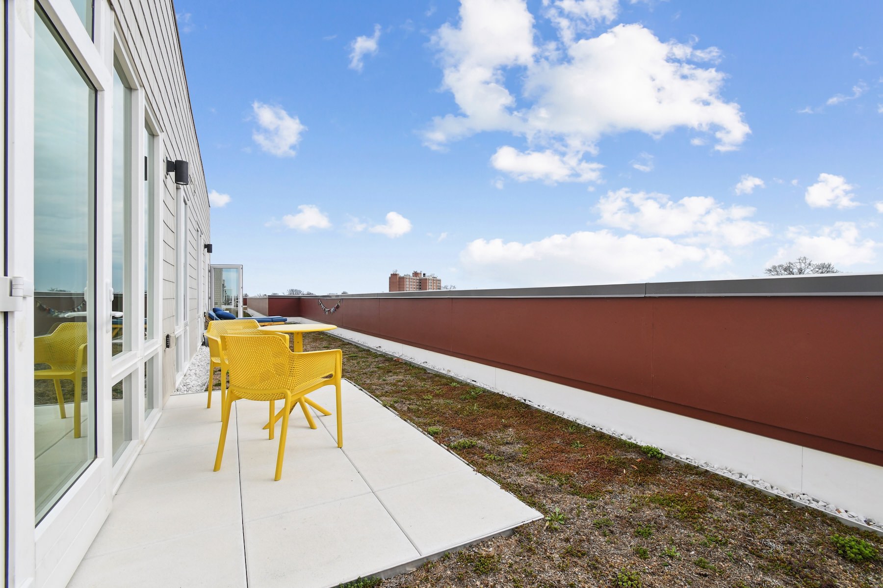 a patio with a blue sky